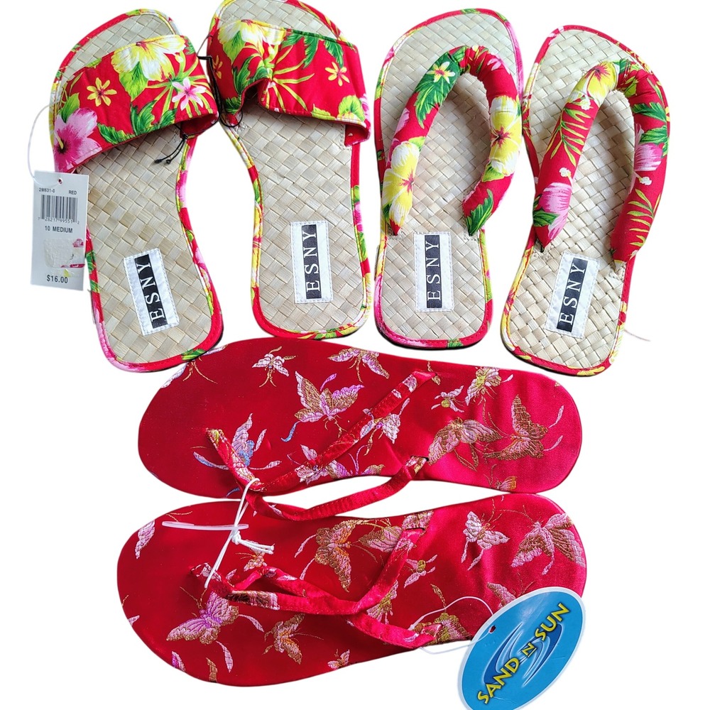 Lot of 3 ESNY Sand N Sun Red Floral Butterfly Sandals Flip Flops Mens 9 10 NEW